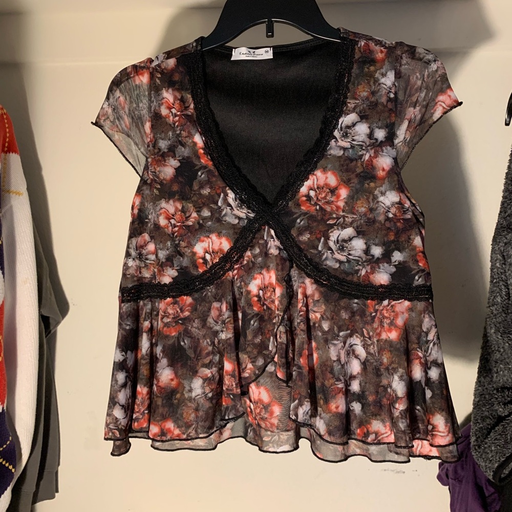 Floral Sheer Black and Red Top by Rebellious Dreamer